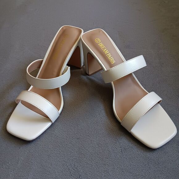 Dream Pairs White Mule Heeled Sandals Sz 8.5 Minimalist Square Toe Dressy - Picture 1 of 10